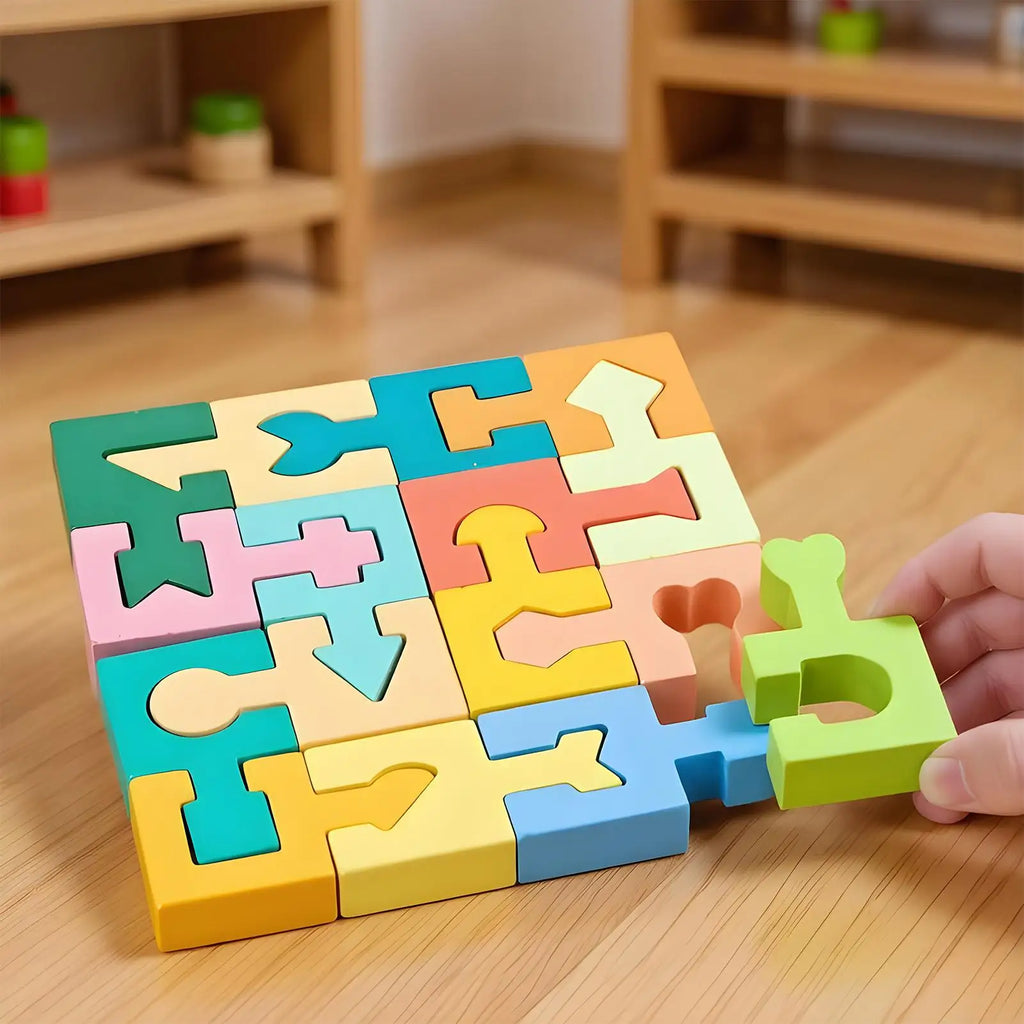 Kids Wooden Geometric Shape Matching Puzzle – 16 Pieces Wooden Kids Puzzle Qme