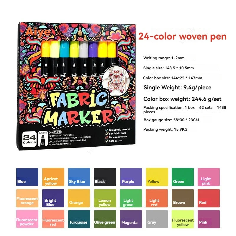 12 Washable Fabric Art Markers – Non-Fading DIY Craft Pens Fabric Art Markers Qme 24 colors