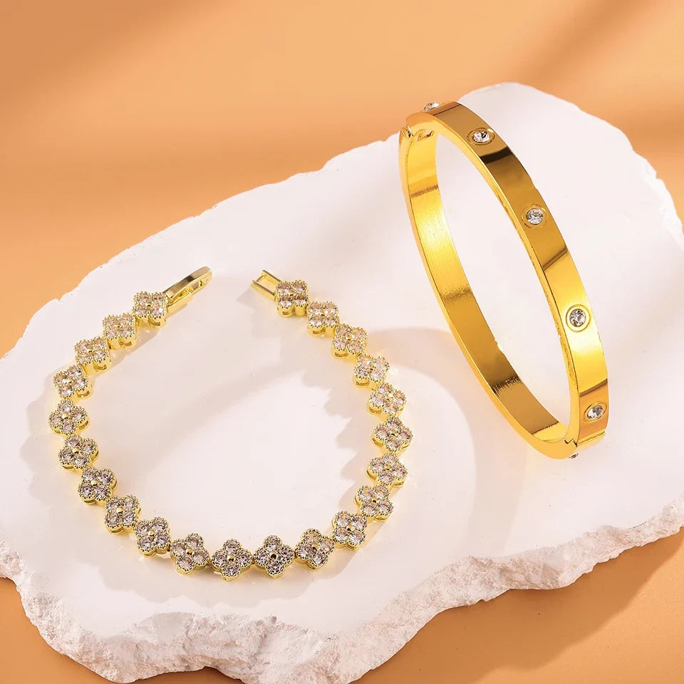 Colorful Zircon Five-Leaf Flower Stacked Bangle 18K Gold Stackable Bangle Bracelet Qme