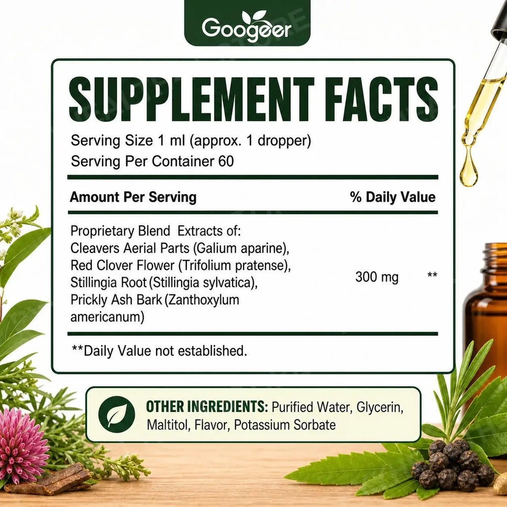 Googeer Lymphatic Support Drops – Cleavers & Red Clover 60ml Herbal Wellness Drops Qst