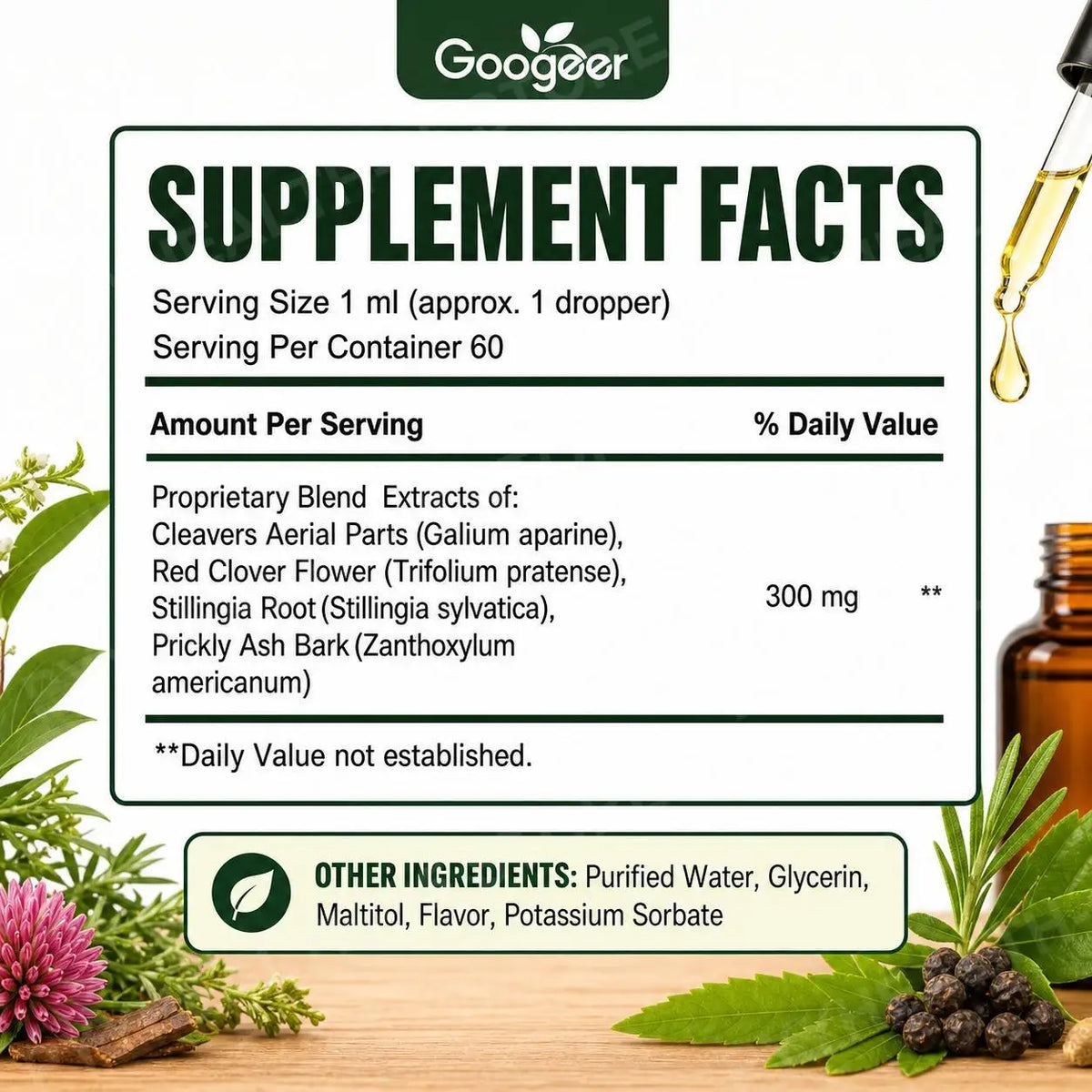 Googeer Lymphatic Support Drops – Cleavers & Red Clover 60ml Herbal Wellness Drops Qst