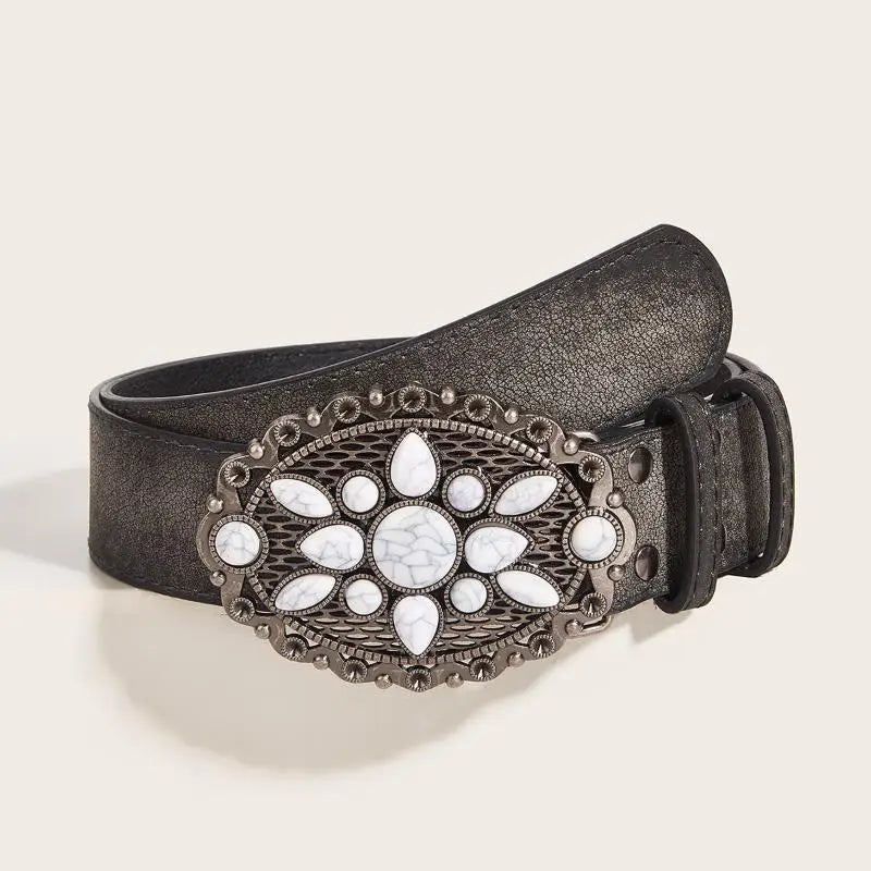 Vintage Boho Western Belt – White Stone Buckle Embossed Leather Boho Leather Belt Qst A2