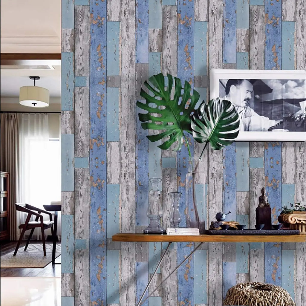 Blue Distressed Wood Peel & Stick Wallpaper | Thickened Vinyl Peel & Stick Wallpaper Qme