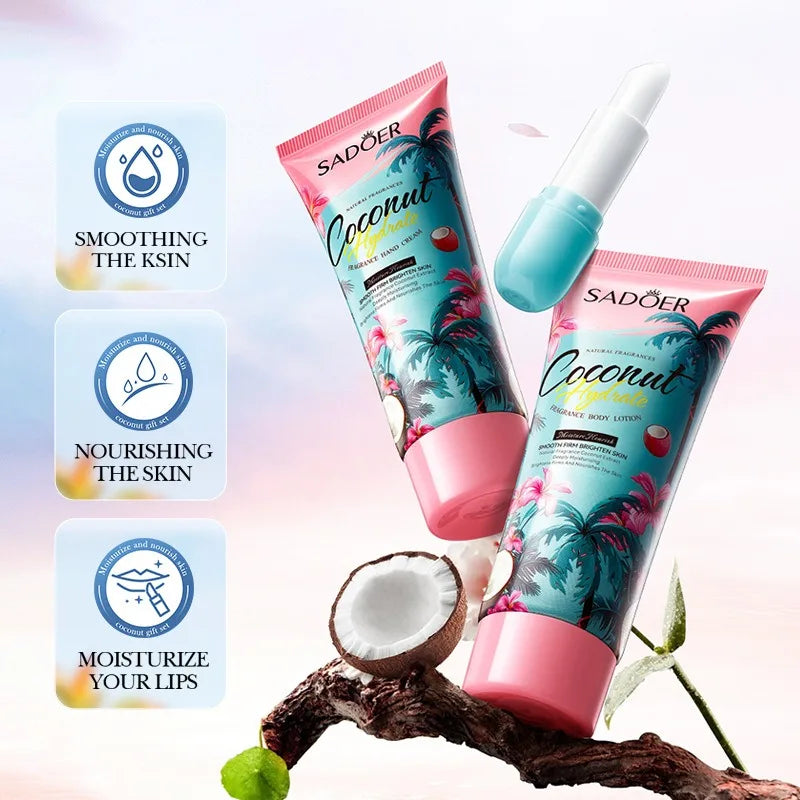 Coconut Gift Set – Hand Cream, Body Lotion & Lip Balm Skincare Gift Set Qst
