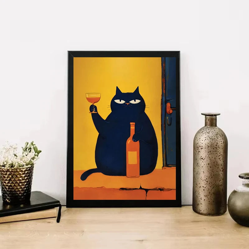 Black Cat Wine Canvas Wall Art – Modern Kitchen Decor Print Canvas Wall Art Qst