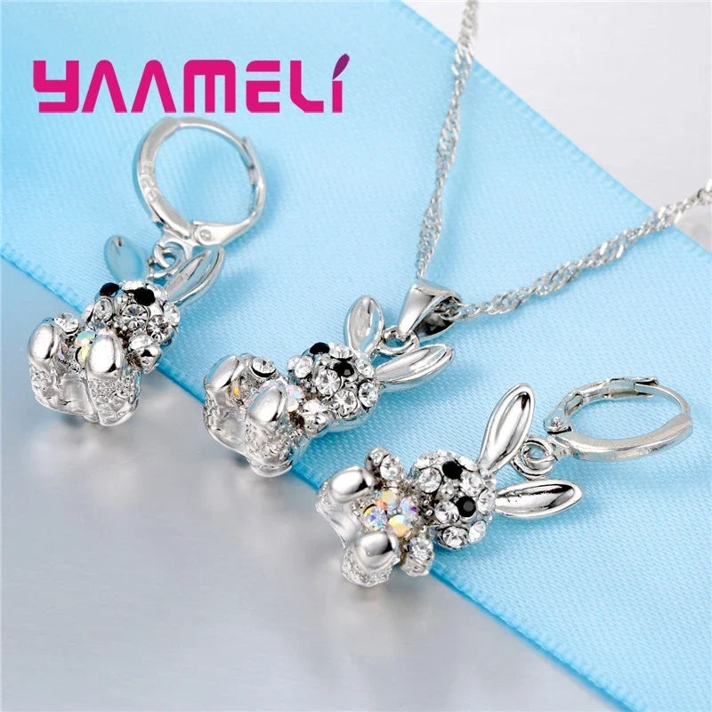 Cute Rabbit 925 Sterling Silver CZ Necklace & Earrings Set Sterling Silver Jewelry Set Qme