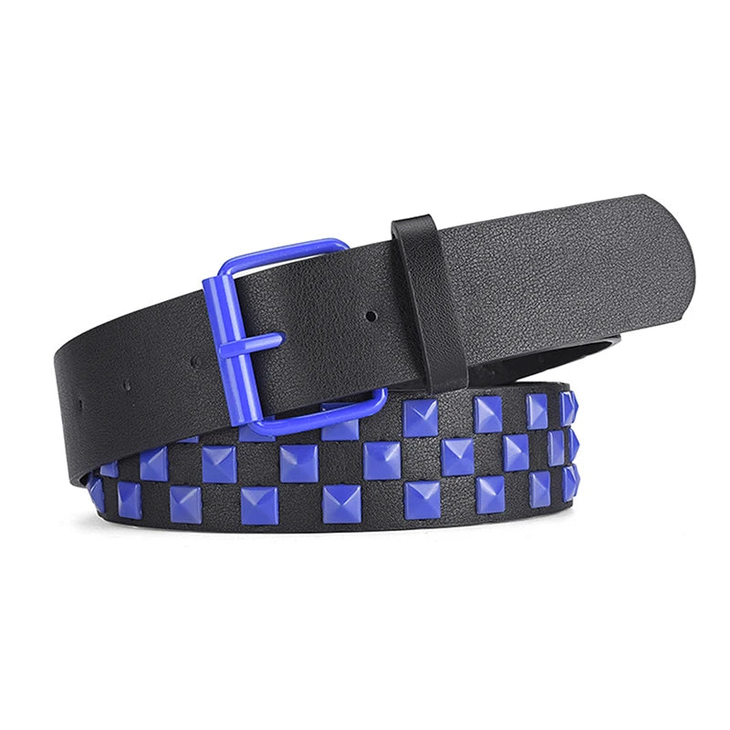 Rivet Checkerboard PU Leather Belt – Unisex Punk Hip-Hop Fashion Belt Qst Blue