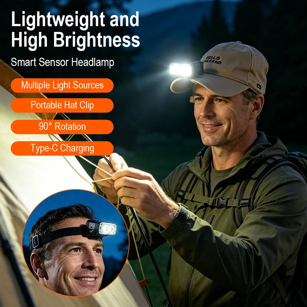 BORUiT 600LM Motion Sensor LED Headlamp USB-C Cap Clip Light LED Headlamp Qst