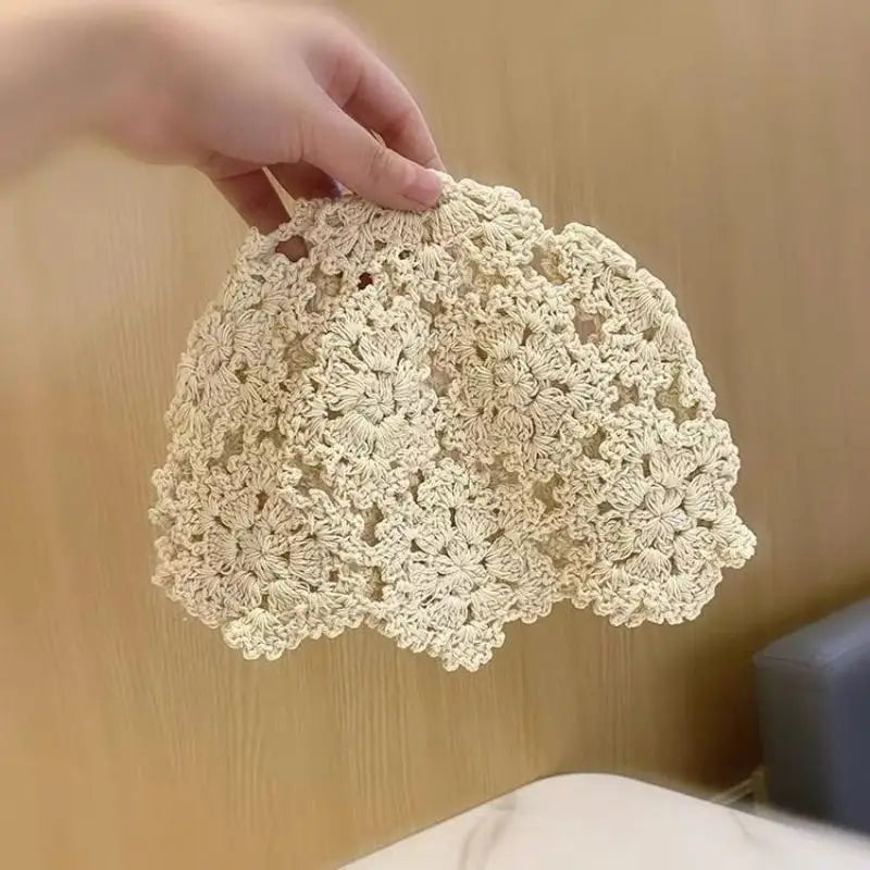 Women's Crochet Hollow Floral Beanie – Boho Summer Hat Crochet Beanie Hat Qst C