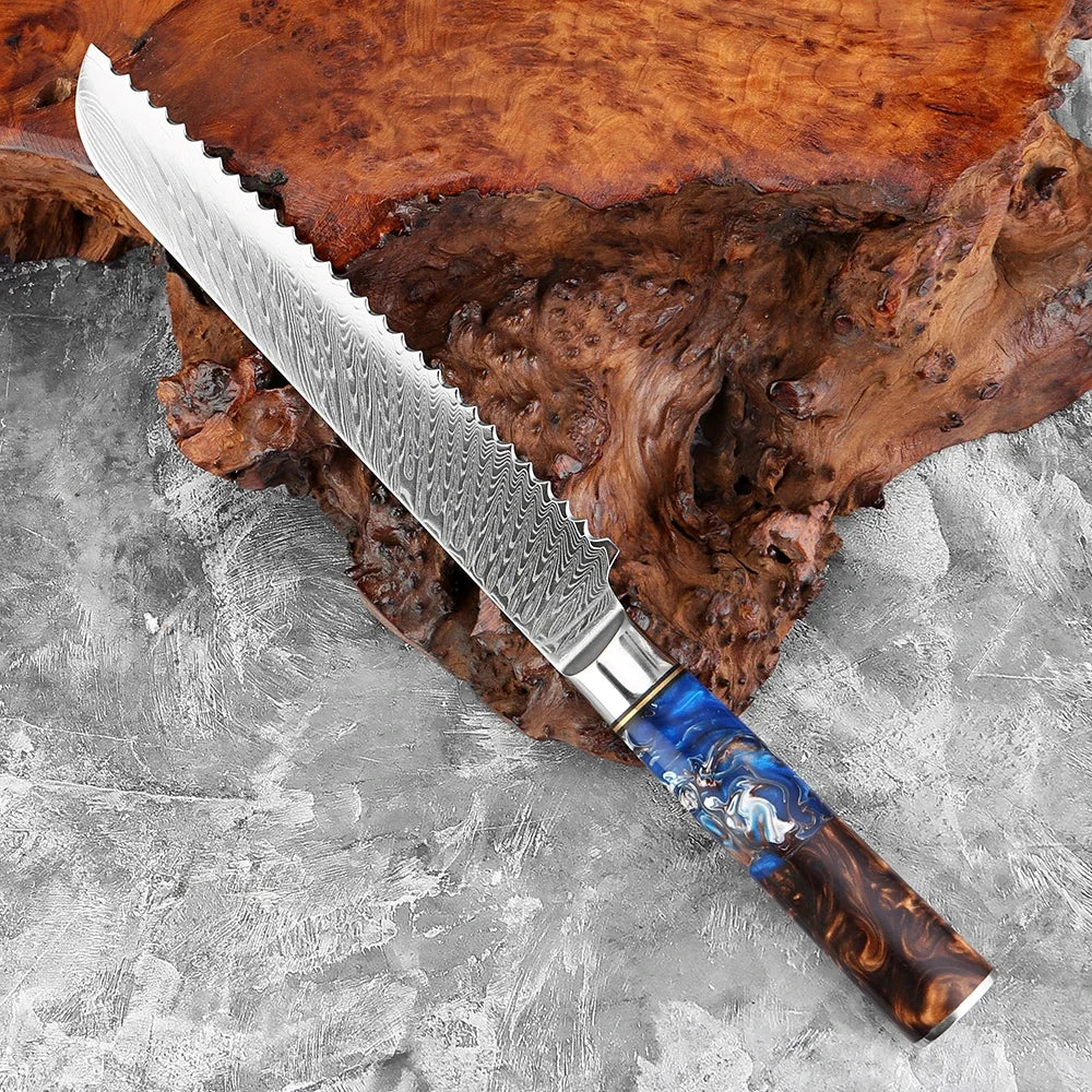 8-Inch Damascus Serrated Bread Knife – 67-Layer Steel Serrated Bread Knife Qst