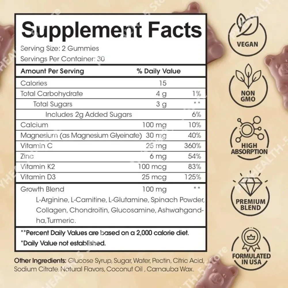 Kids & Teens Bone Gummies – Calcium, Zinc, Magnesium, K2, D3 | 60ct Kids Vitamin Gummies Qst