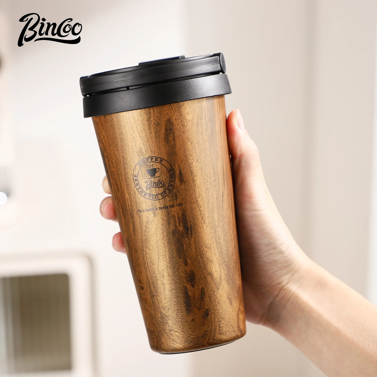 Bincoo 500ml Retro Woodgrain Travel Mug – Insulated Thermos Travel Mug Thermos Qst