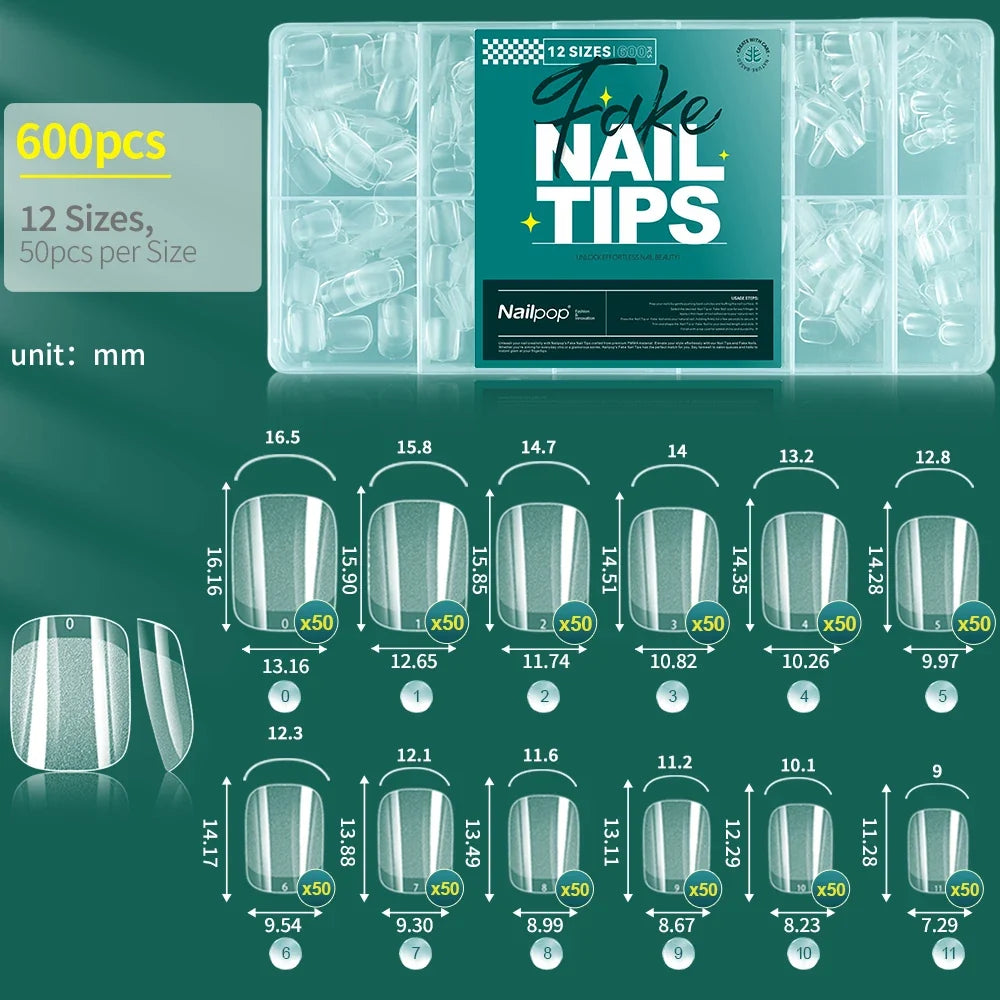 Nailpop 600pcs Clear False Nail Tips Full Cover 10 & 12 Sizes False Nail Tips Qme XXS-Square-600