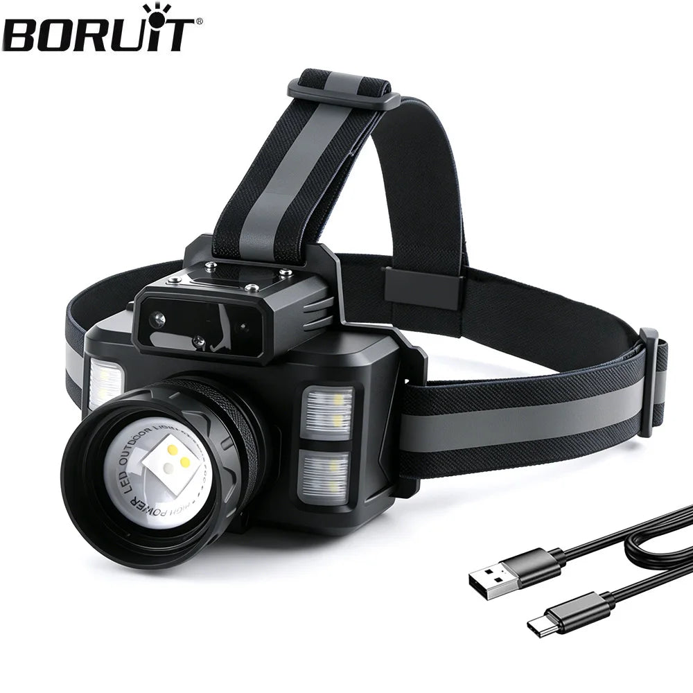 BORUiT 800LM Motion Sensor Headlamp USB-C Rechargeable Zoom Rechargeable Headlamp Qst