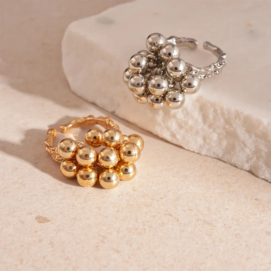 Vintage Metal Bead Ball Open Ring for Women – Irregular Style Fashion Statement Ring Qme