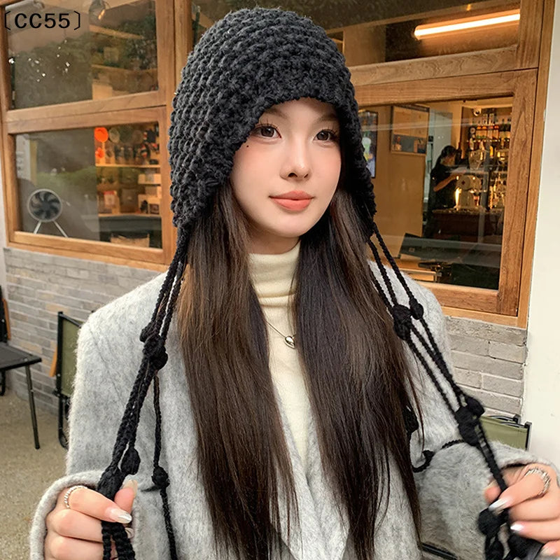 Women's Knitted Winter Beanie – Windproof Tassel Ear Cover Hat Knitted Winter Beanie Qst