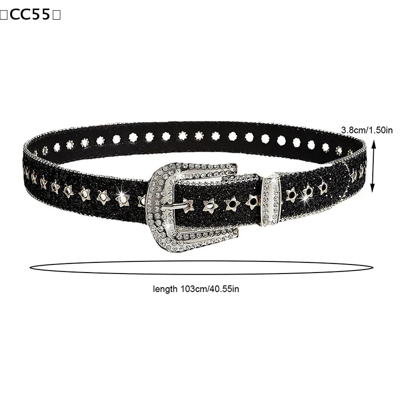 Rhinestone Buckle Belt – Punk Gothic PU Leather Waist Strap Fashion Belt Qst