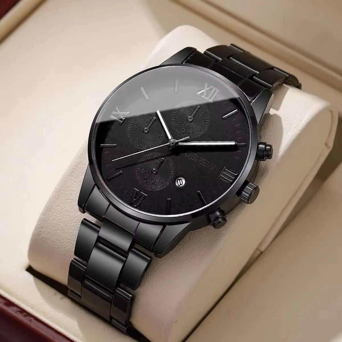 Men's Roma Dial Business Quartz Watch with Calendar Men's Quartz Watch Qme Black White No Box
