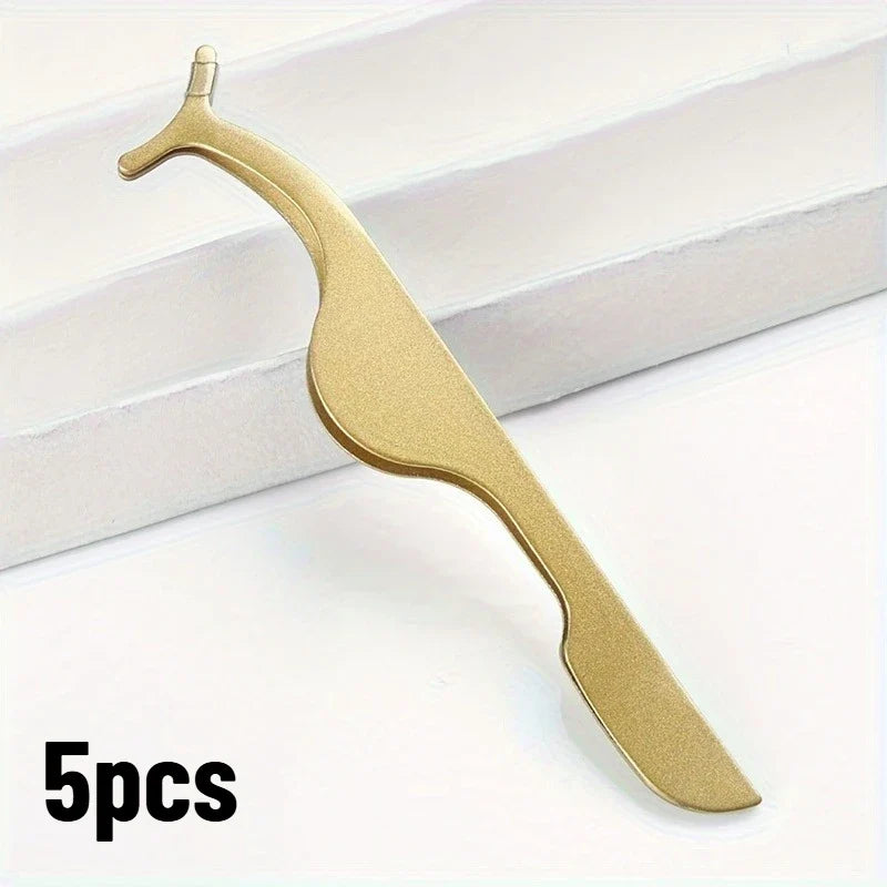 5-Piece Eyelash Applicator Forceps, Curler & Lip Brush Set Eyelash Makeup Tool Set Qme Golden