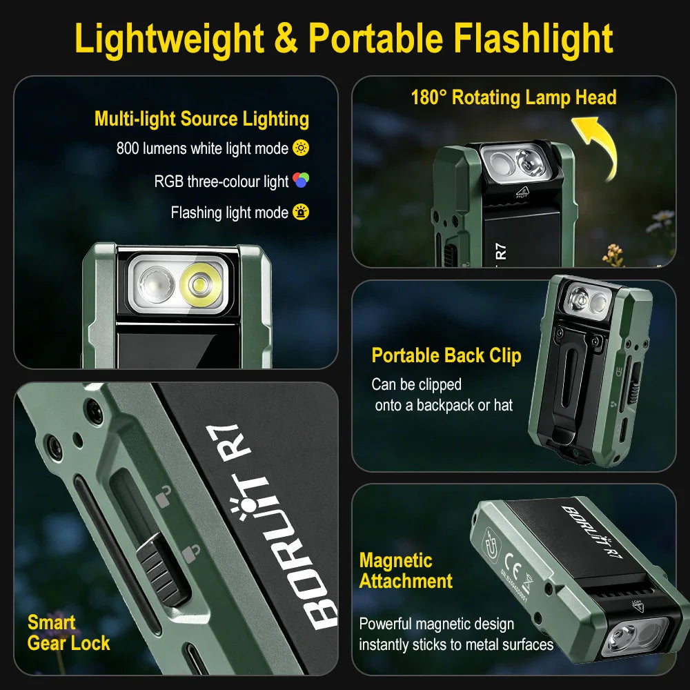 BORUiT R7 800LM RGB Keychain Flashlight – Type-C Rechargeable Keychain Flashlight Qst