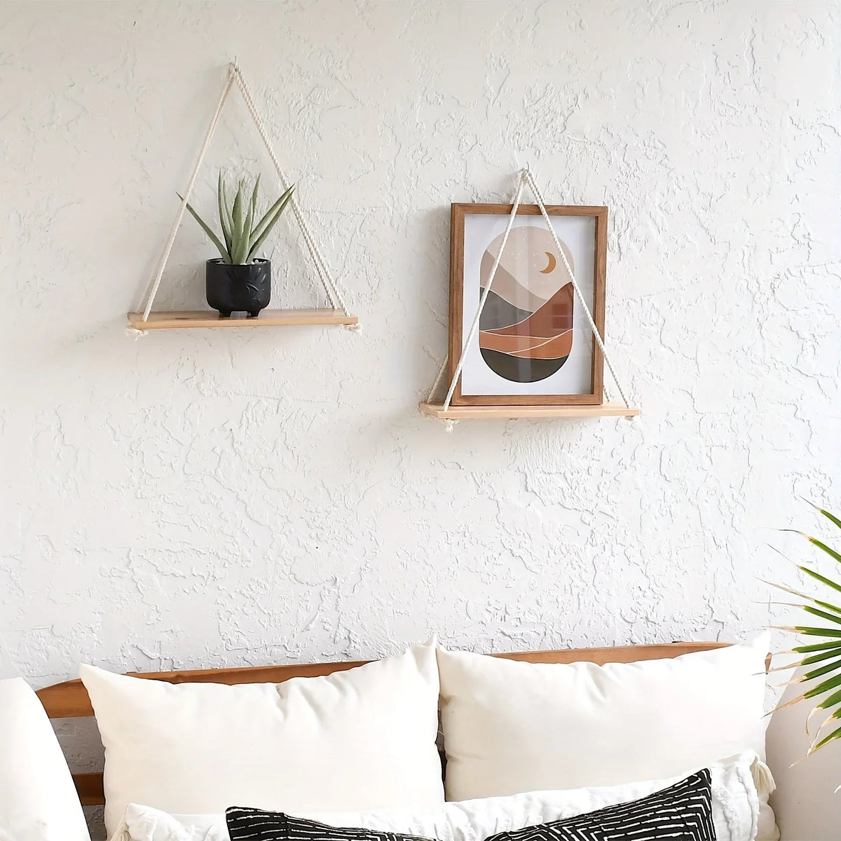 Boho Floating Wood Wall Shelves for Plants & Décor – Set of 2 Wall Hanging Shelf Qme
