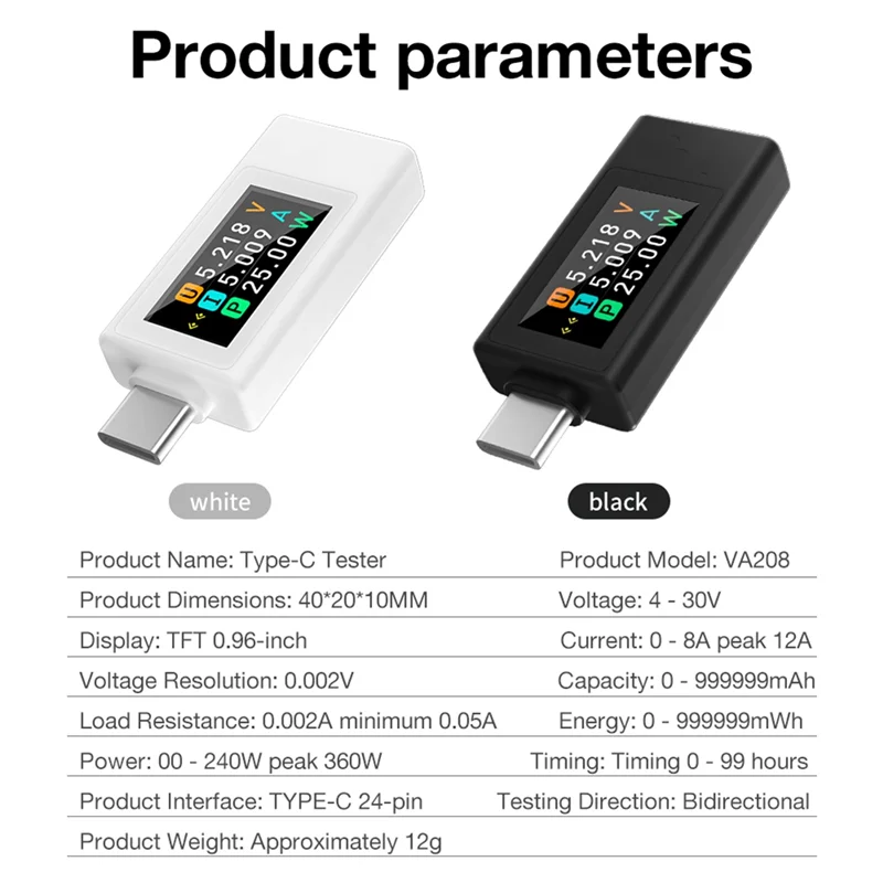 USB Type-C Voltage & Current Monitor 4-30V 0-8A Color Display USB Voltage Current Tester Qme Black