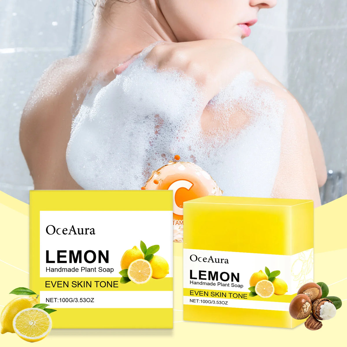 OCEAURA Lemon Essential Oil Handmade Soap Bar 3.35 oz Handmade Soap Bar Qst
