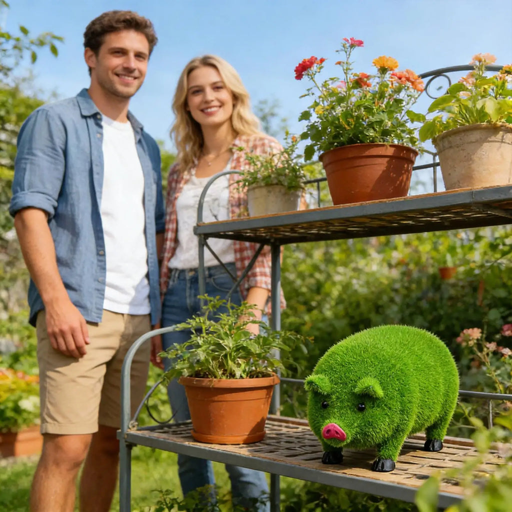 Flocked Green Animal Garden Statue – Cute Indoor & Outdoor Decor Garden Statue Qme