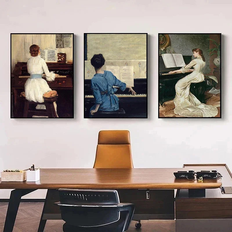 Vintage Piano Girl Aesthetic Canvas Wall Art Poster Print Canvas Wall Art Qst