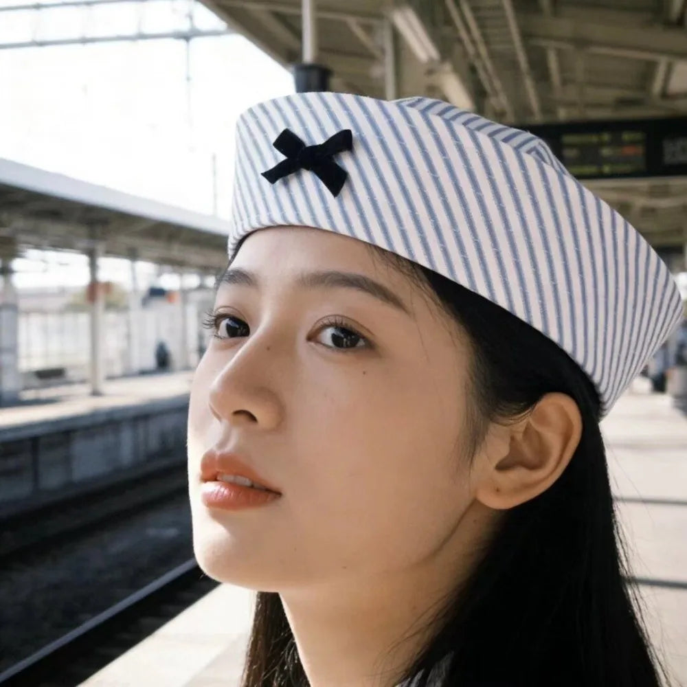 Y2K Stripe Sailor Captain Hat with Bow – Octagonal Navy Cap Sailor Captain Hat Qme