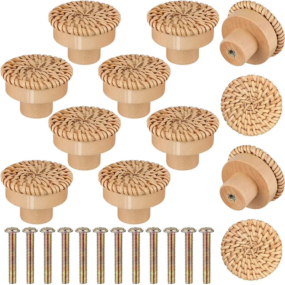 Rattan Wooden Drawer Knobs – Handmade Round Cabinet Handles Cabinet Drawer Knobs Qme