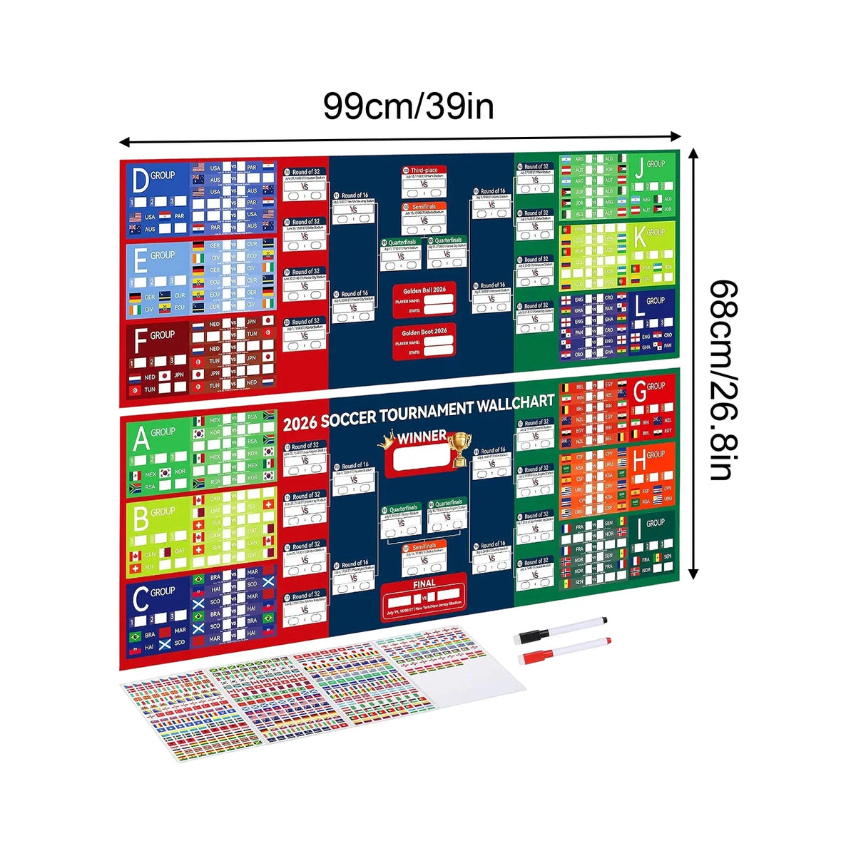 Soccer Event Wall Schedule Poster with Markers & Flag Stickers Wall Schedule Poster Qme