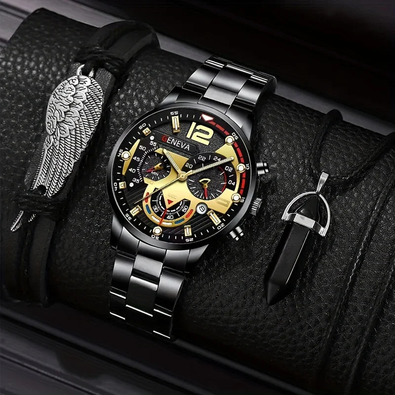 Men's 3-Piece Set: Quartz Watch, Wing Bracelet & Pendant Men's Jewelry Set Qme 2 No