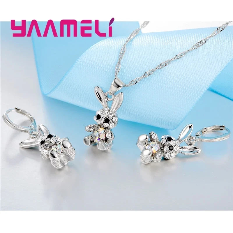 Cute Rabbit 925 Sterling Silver CZ Necklace & Earrings Set Sterling Silver Jewelry Set Qme