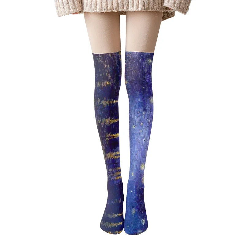 Van Gogh Art Print Thigh High Stockings – Starry Sky & Sunflower Thigh High Stockings Qme style11 One Size