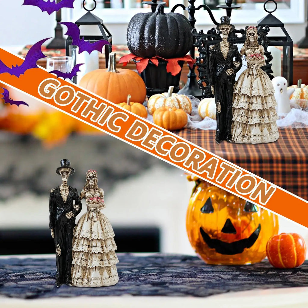 Gothic Skeleton Bride & Groom Resin Couple Desk Figurine Gothic Resin Figurine Qme