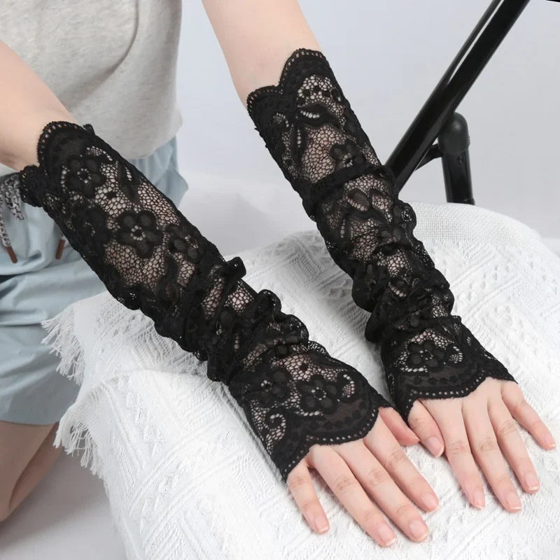 Women's Long Lace Fingerless Gloves Flower Sun Arm Sleeves Lace Arm Sleeves Qme