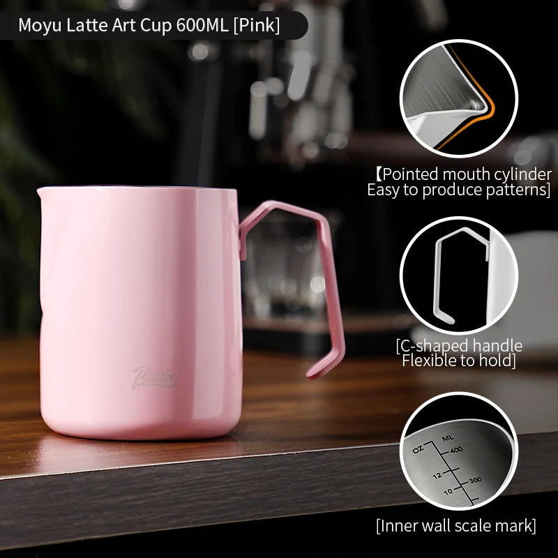 Bincoo Milk Frothing Pitcher Sharp Spout 400ml/600ml Stainless Steel Milk Frothing Pitcher Qst Pink 600ml