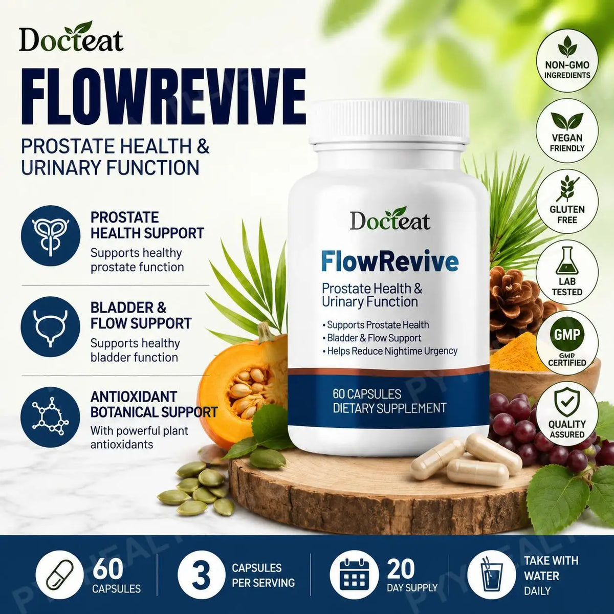 Docteat FlowRevive Men's Quercetin Capsules – 60ct | Urinary Wellness Men's Wellness Supplement Qst
