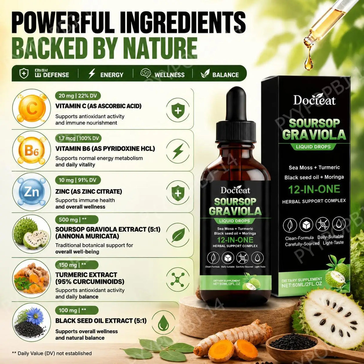 Soursop Graviola Liquid Drops – Vitamin C B6 Zinc | 60ml Herbal Liquid Supplement Qst