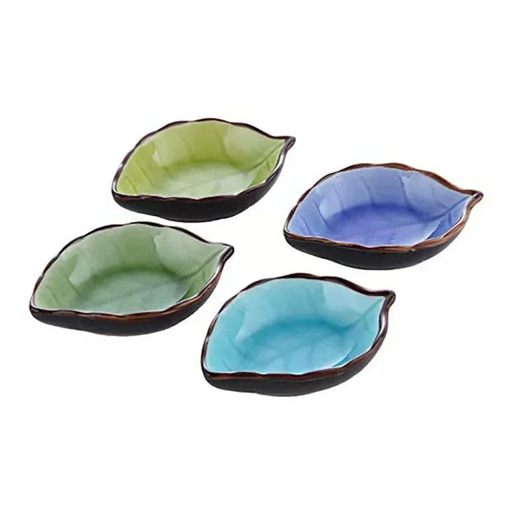 Ceramic Leaf Saucer Ice Crack Glaze | Soy Sauce Dish Ceramic Condiment Dish Qme 4PCS