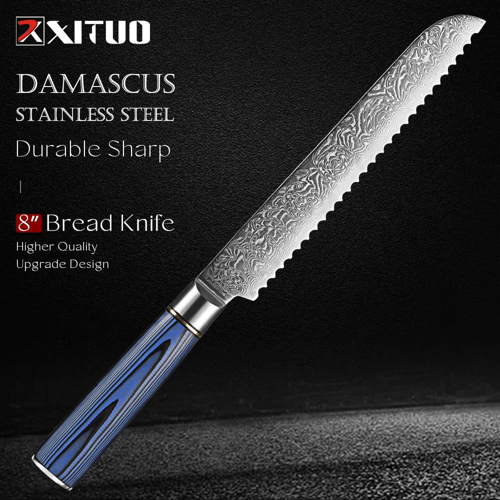 XITUO 8" Damascus Serrated Bread Knife – Sharp, Ergonomic Serrated Bread Knife Qst Bread Knife