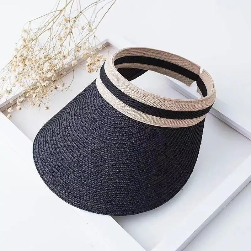 Women's Raffia Straw Open Top Hat – UV Protection Cap Straw Sun Hat Qst Black one size