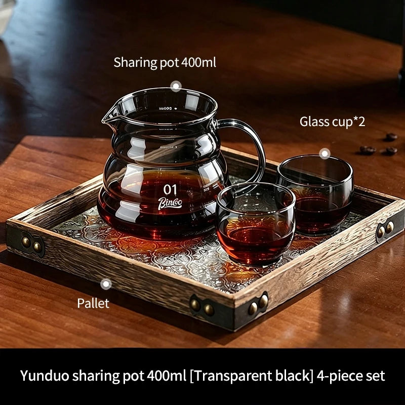 BINCOO Glass Coffee Server Set with Cup & Tray 400ML 600ML Glass Coffee Server Set Qst Grey2cupstray400ml