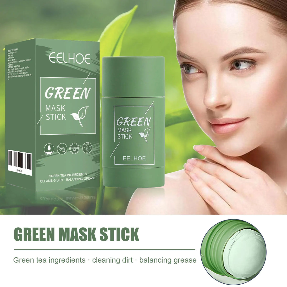 Green Tea Solid Mask Stick – Clay Mask for Pores & Hydration Clay Face Mask Qst