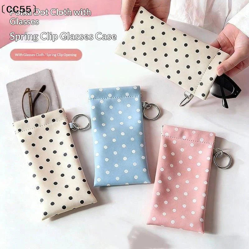 Polka Dot Eyeglass Pouch with Keychain – PU Leather Soft Case Eyeglass Pouch Case Qst