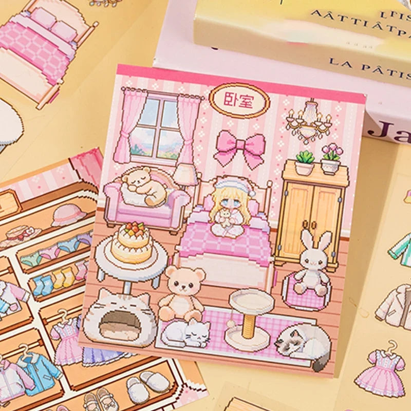 Pixel Art Mini Diorama Sticker Book – Cute Scenes & 2 Colors Decorative Sticker Book Qme