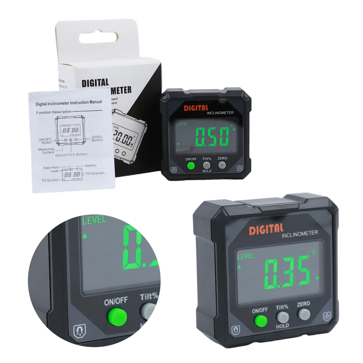 Digital Angle Finder – 4-Side Magnetic LED Gauge | Aluminium Digital Angle Finder Qme