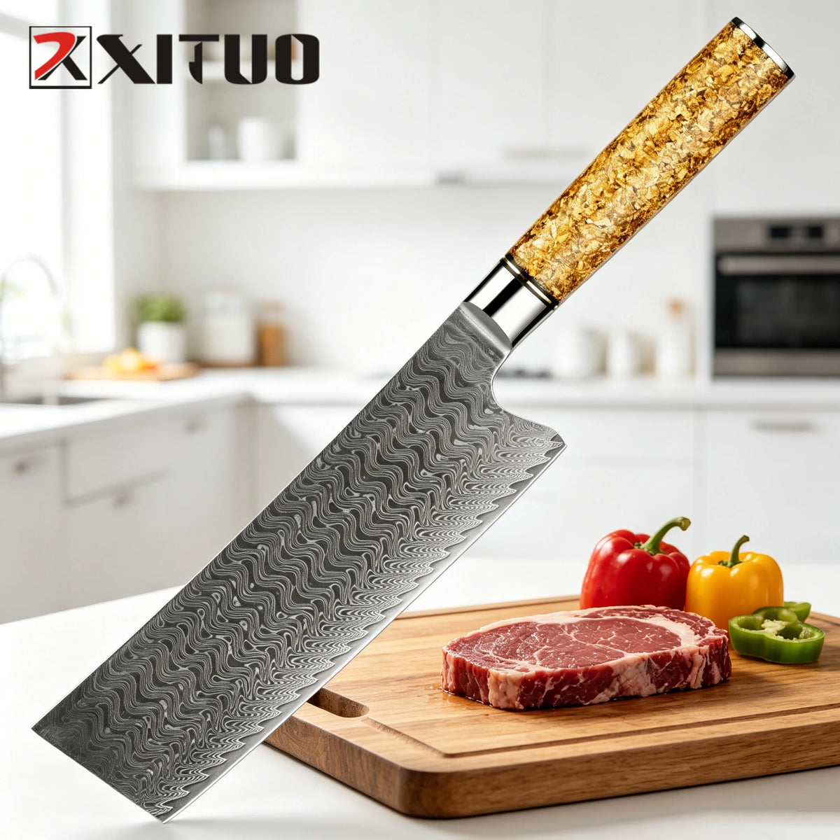 XITUO 7" Damascus Nakiri Knife – Gold Leaf Resin Handle Damascus Nakiri Knife Qst