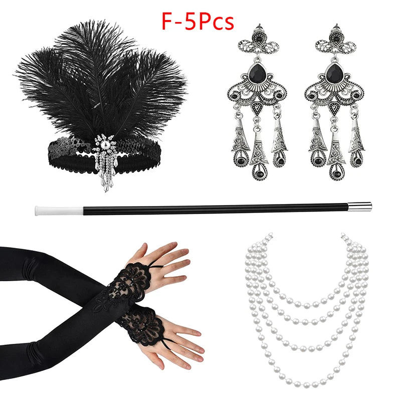 1920s Flapper Costume Set – Headband, Pearl Necklace & Gloves Costume Accessory Set Qst F